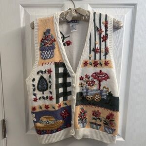 Vintage Cottagecore Sweater Vest Embroidered Floral and Garden - Size Small